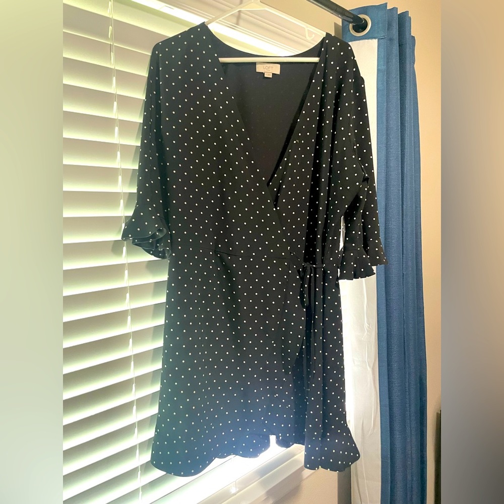 Loft polka dot black and white romper/dress with ruffle details. size 12